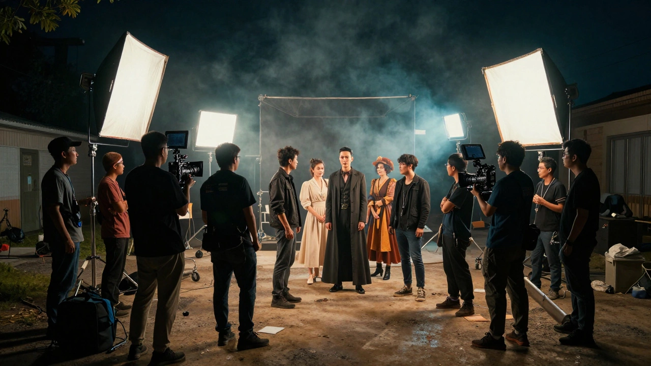 A professional night film set with actors and a technical crew working under bright studio lights.