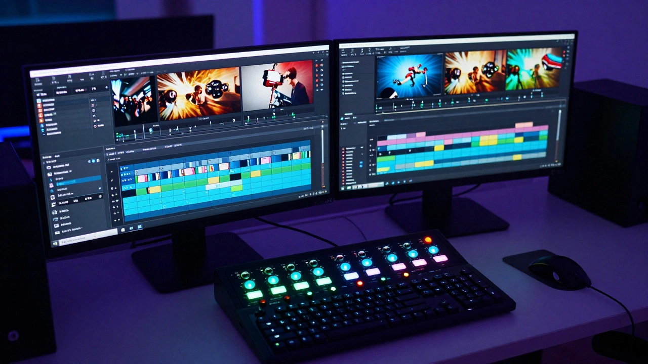 A professional video editing workstation with a complex timeline on dual monitors