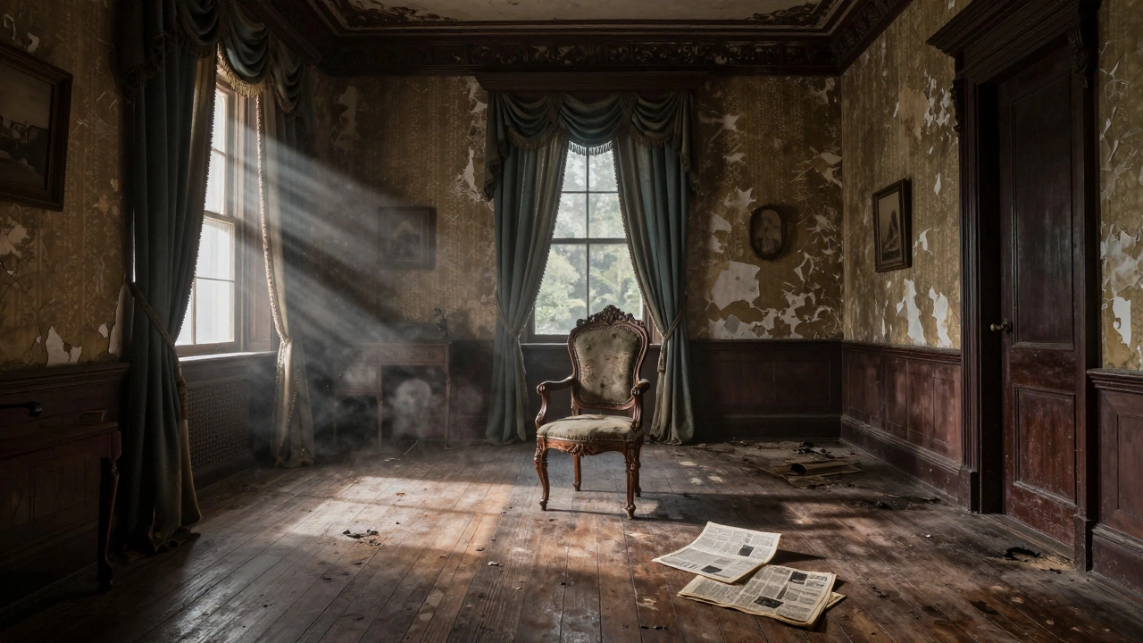 A realistic movie set of a decaying Victorian room with peeling wallpaper