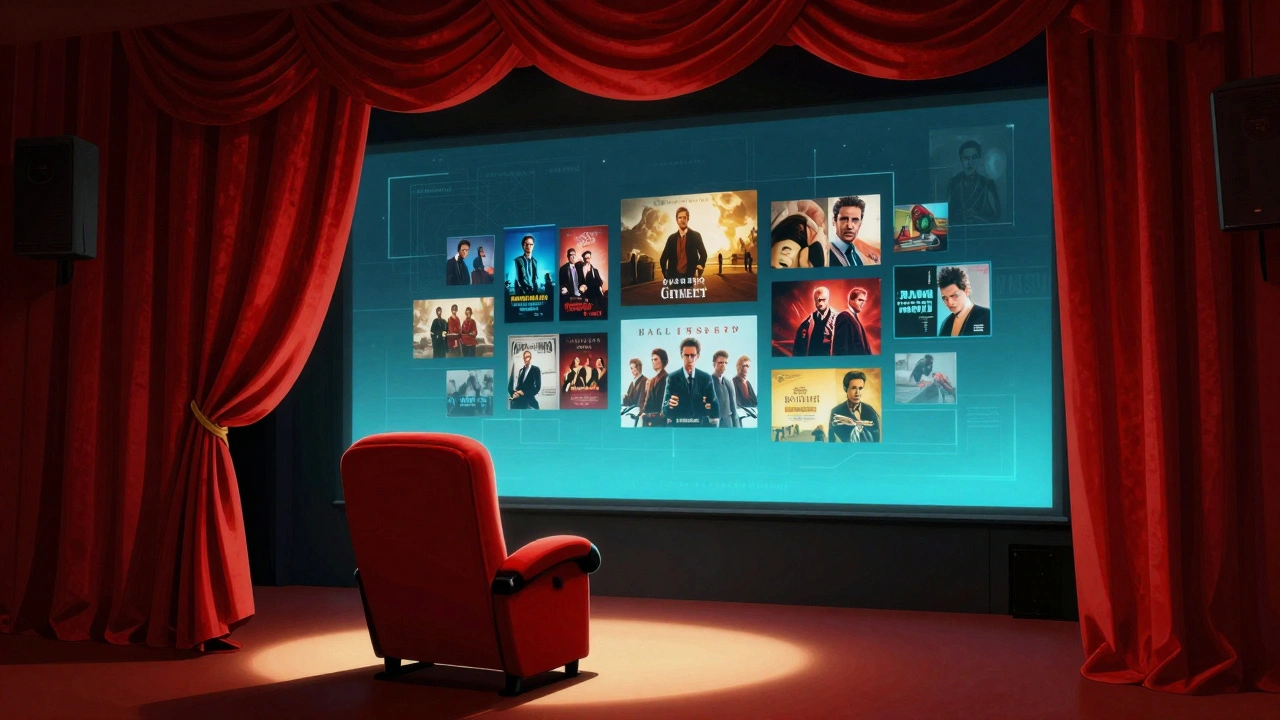 A red theater curtain opening to a digital streaming movie library