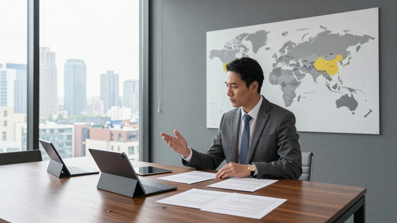 A sales agent's office with a world map and tablets for distribution strategy