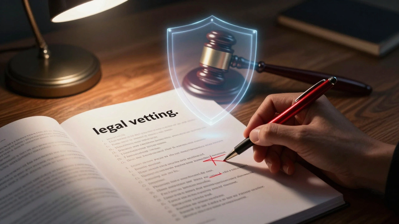 A script being edited with a red pen, symbolizing the legal vetting process.