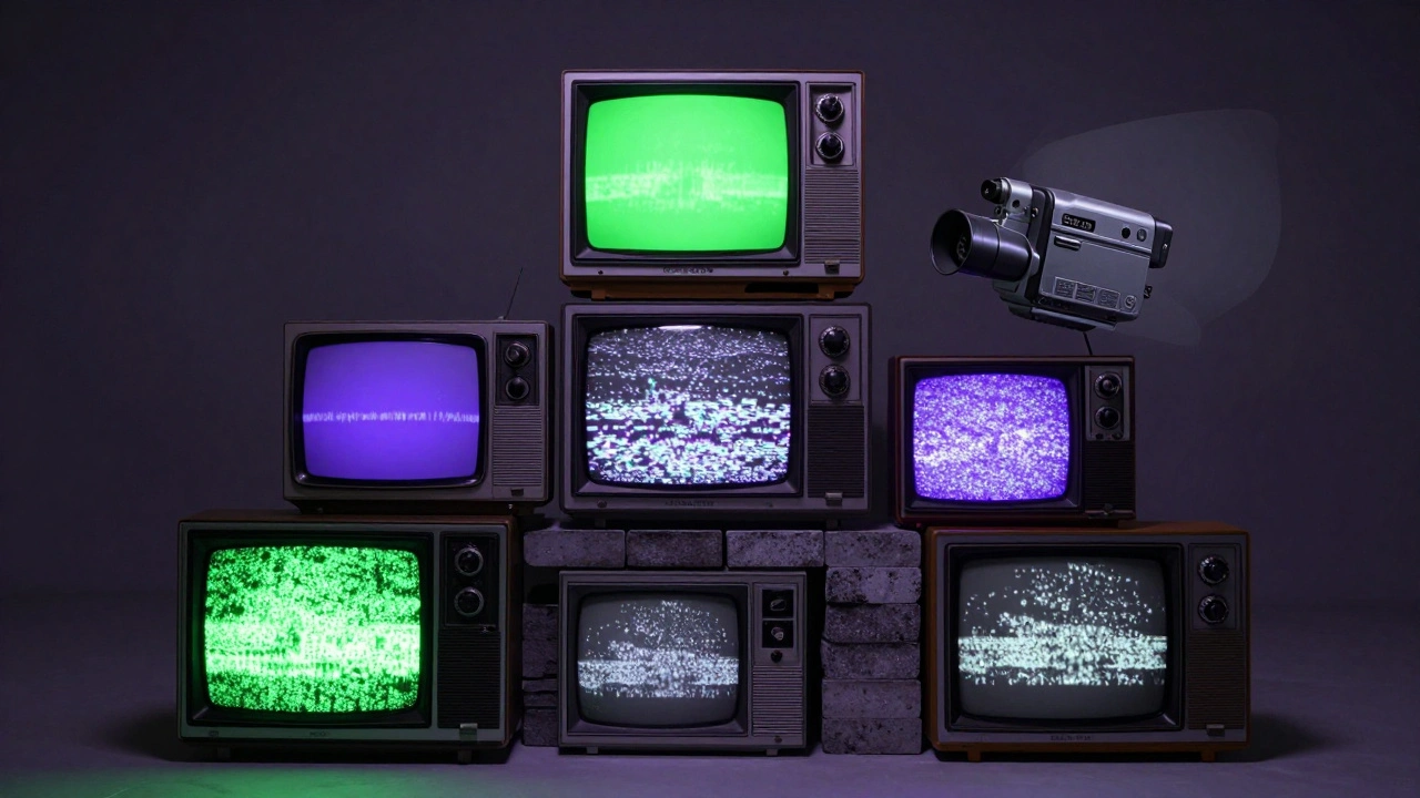 A sculptural installation of stacked vintage televisions displaying abstract electronic art.