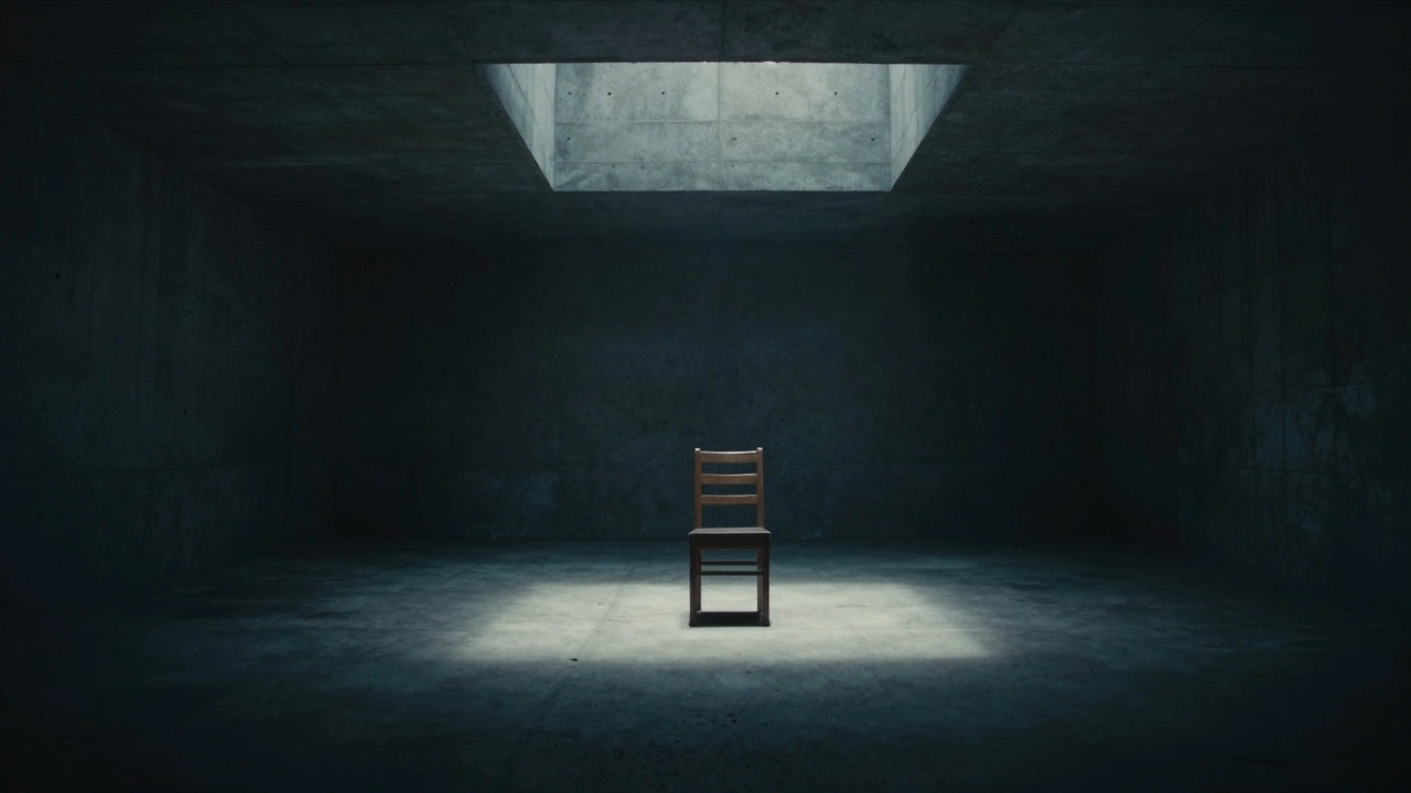 A single chair in a vast, dimly lit room with a single beam of light.