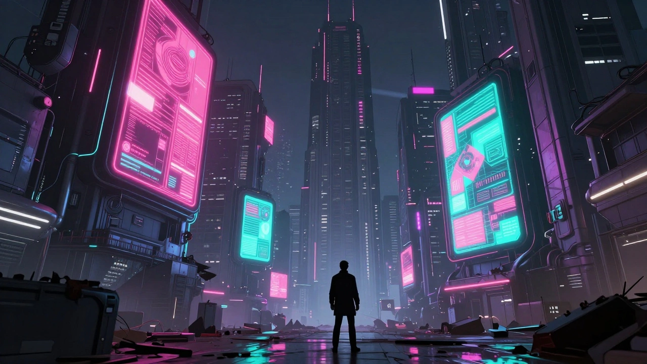 A small figure standing before massive holographic ads in a futuristic cyberpunk city