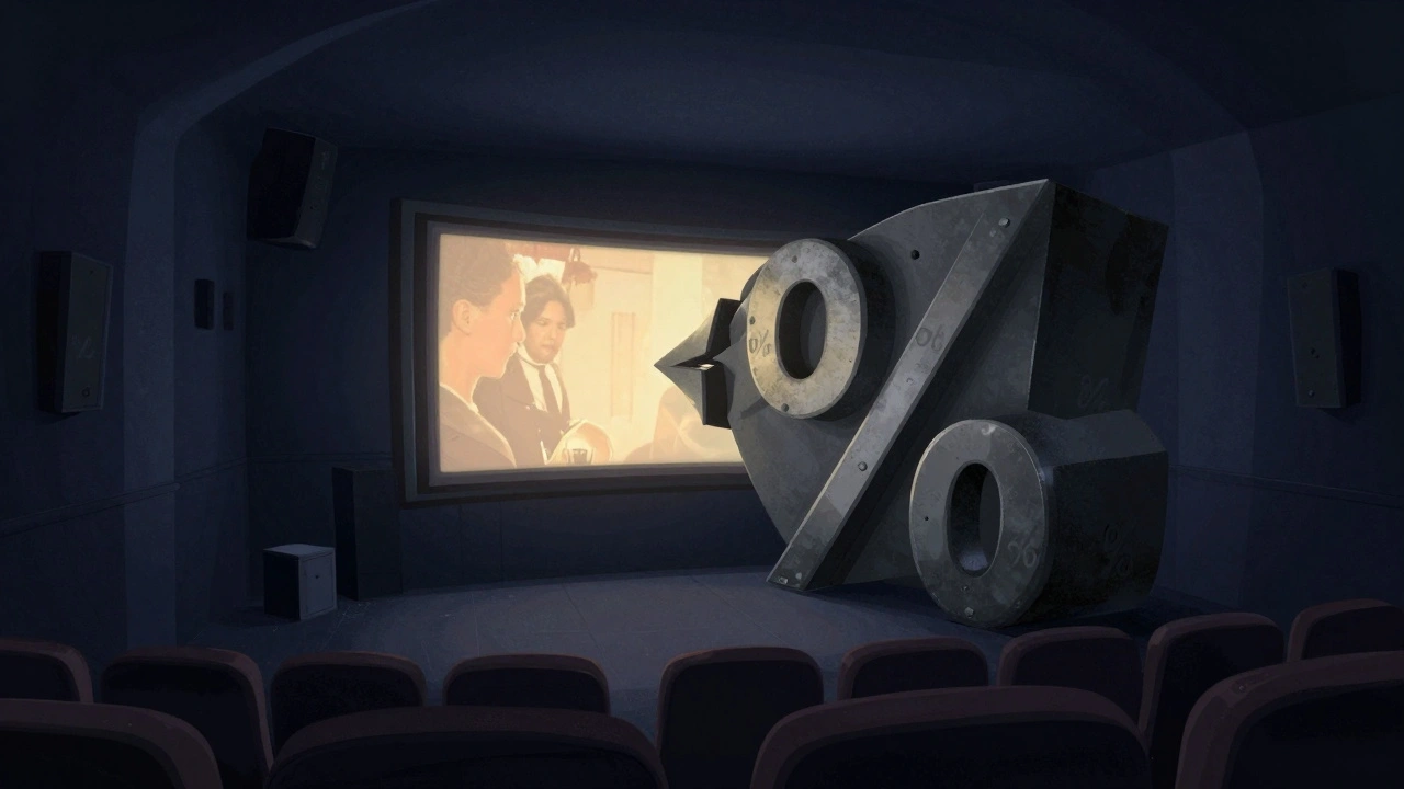 A small glowing movie screen being squeezed by heavy metallic blocks in a dark theater.