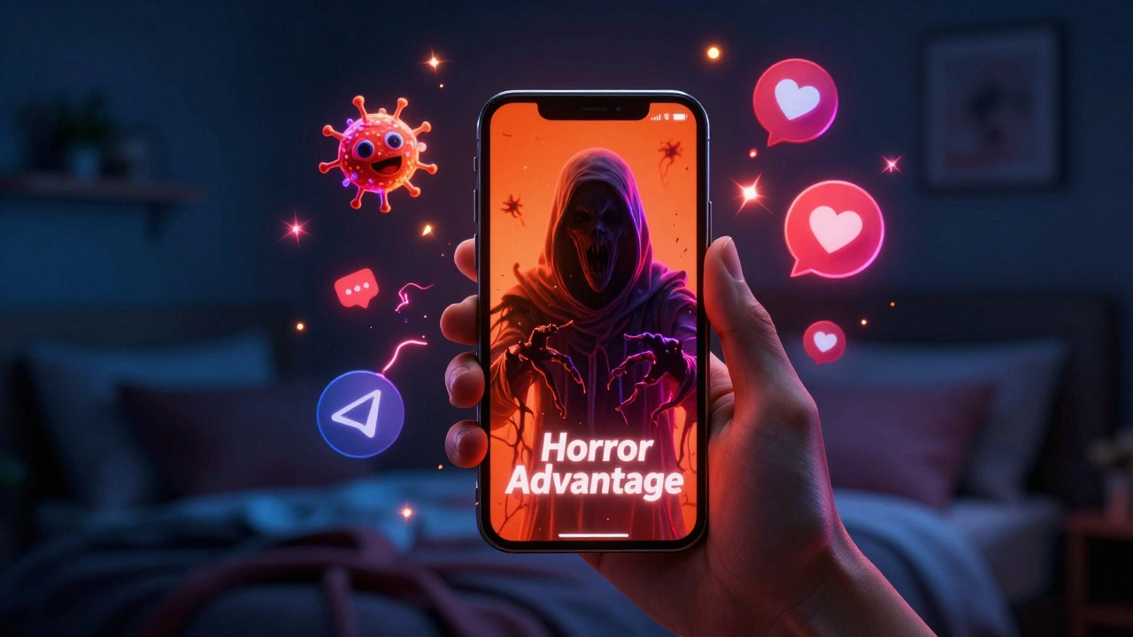 A smartphone displaying a horror movie clip with viral social media icons floating around it.