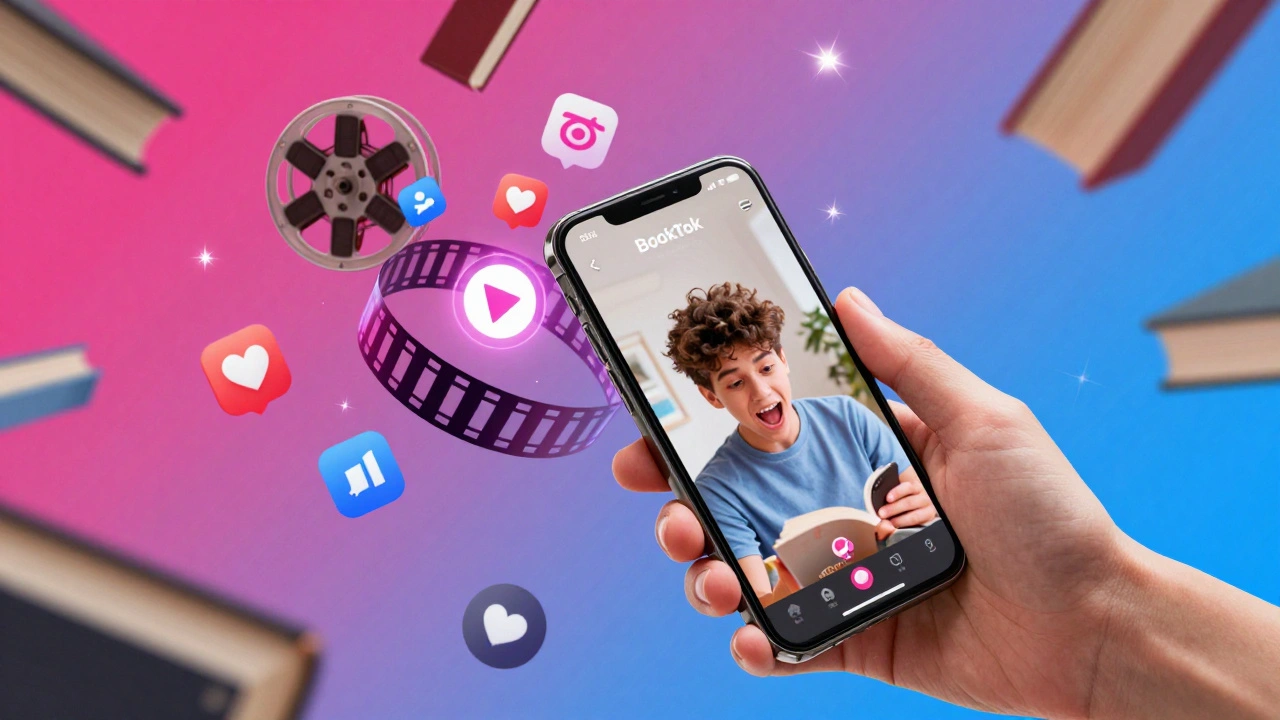 A smartphone showing a viral book video transitioning into a film reel and streaming icon.