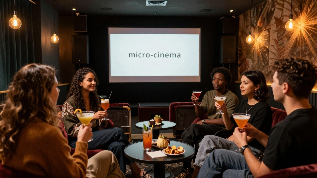 A sophisticated micro-cinema lounge with people socializing with drinks in a cozy, dimly lit space.