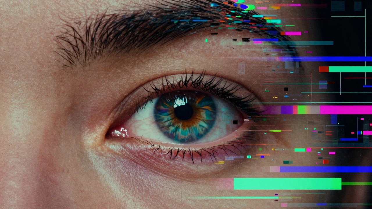 A split composition of grainy analog film and digital glitch art reflecting in a human eye.