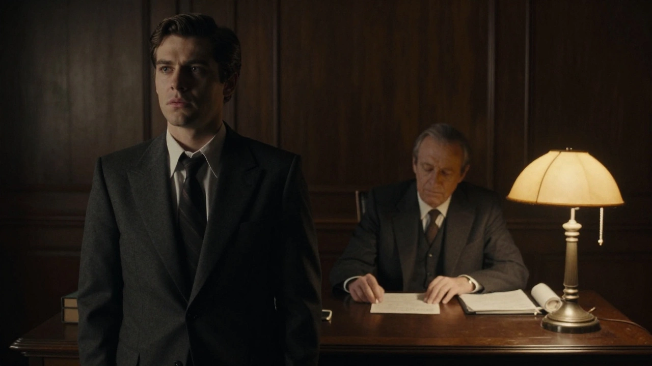 A split portrait of a young man in a suit and an older man in a dark, moody office