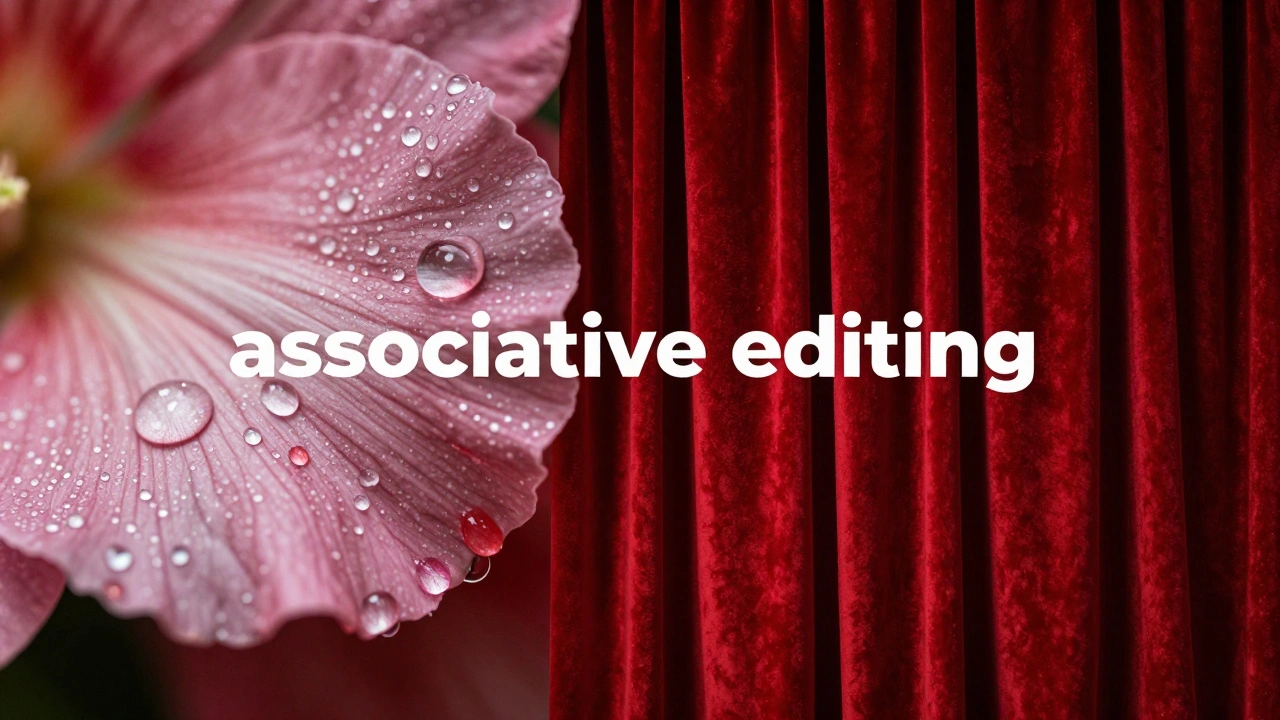 A split-screen comparison of a dew-covered flower petal and a red velvet curtain.