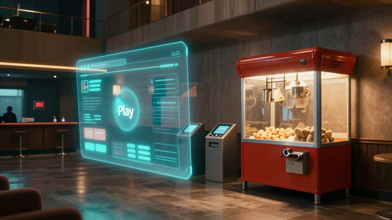 A streaming app interface floating in an empty, modern movie theater lobby.