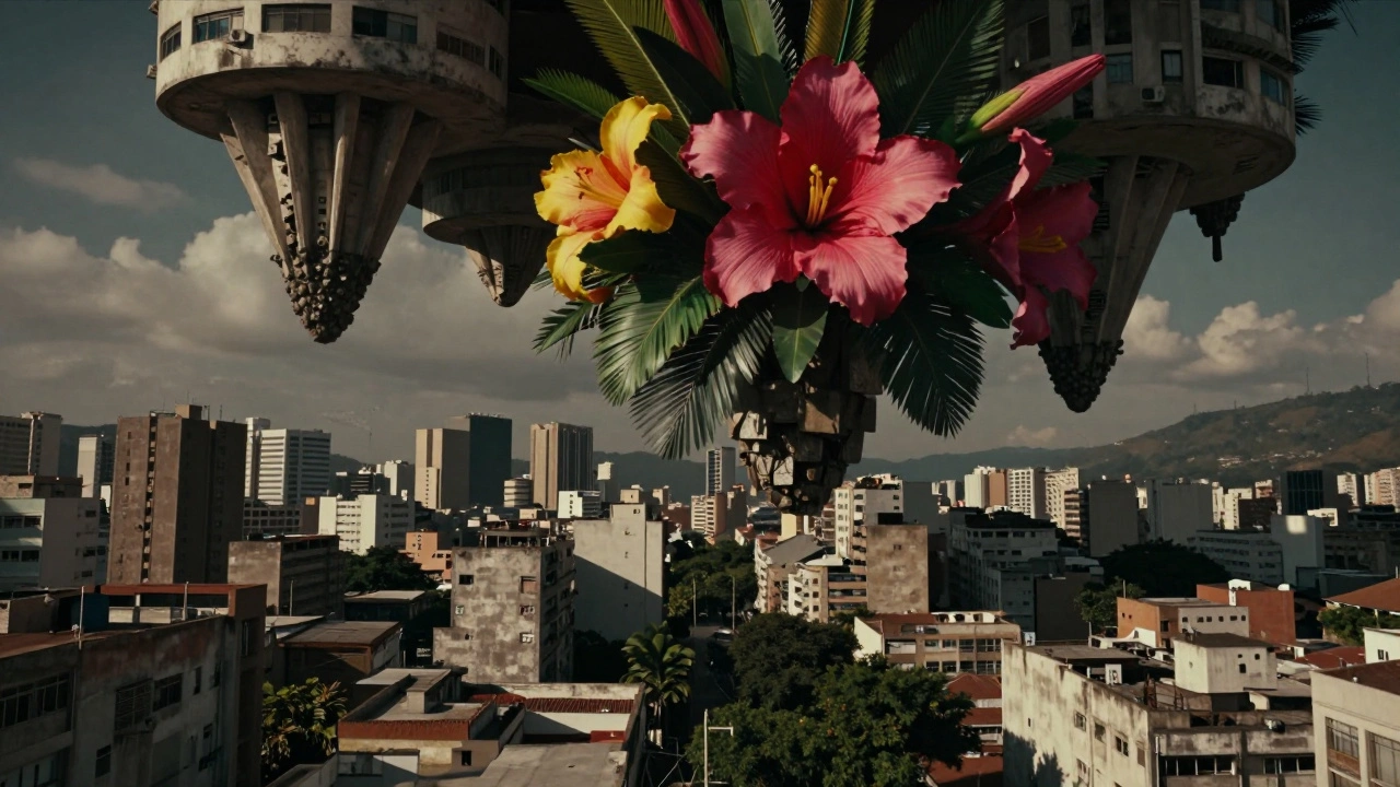 A surreal cinematic blend of a Brazilian city and dreamlike elements in a high-contrast style.