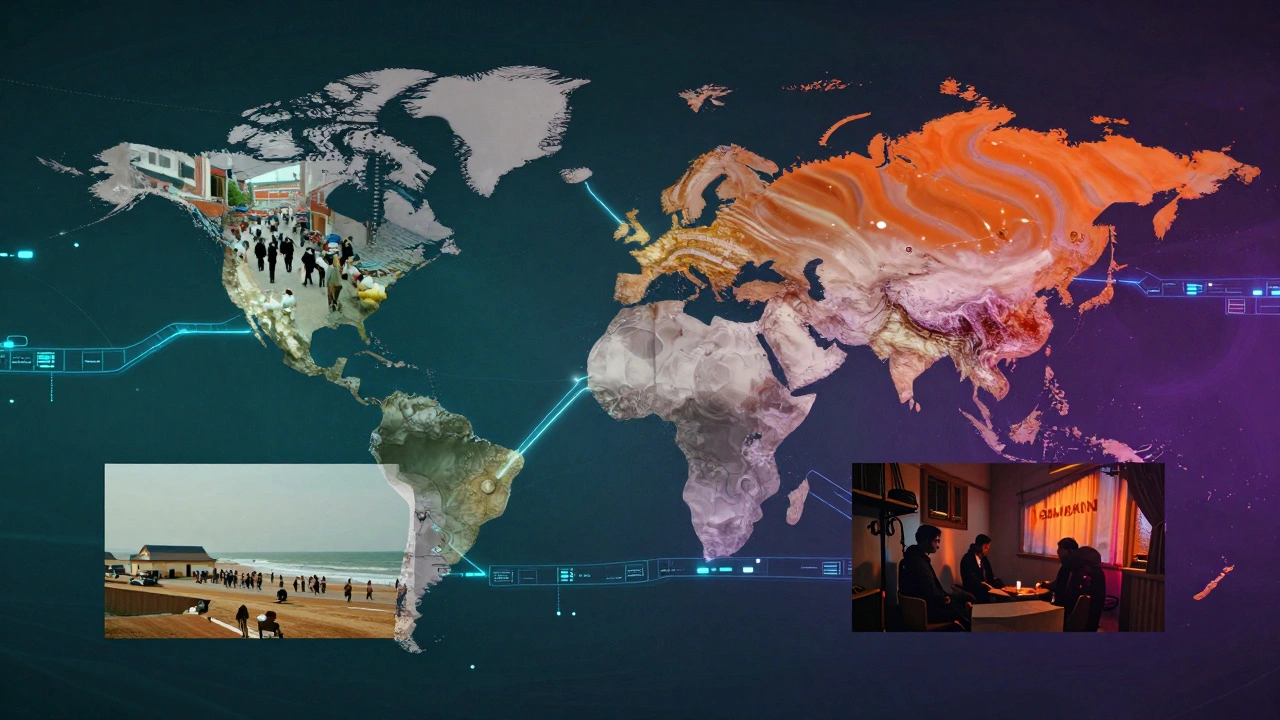 A surreal collage of international film scenes connected by digital light streams.