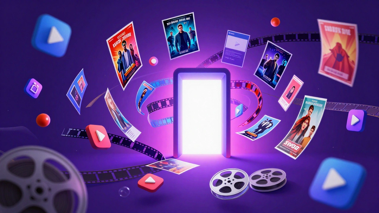 A surreal vortex of colorful movie icons representing streaming libraries
