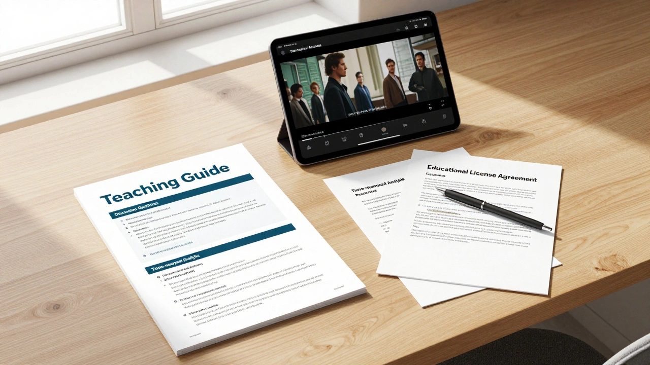 A teaching guide and educational license agreement laid out on a professional desk