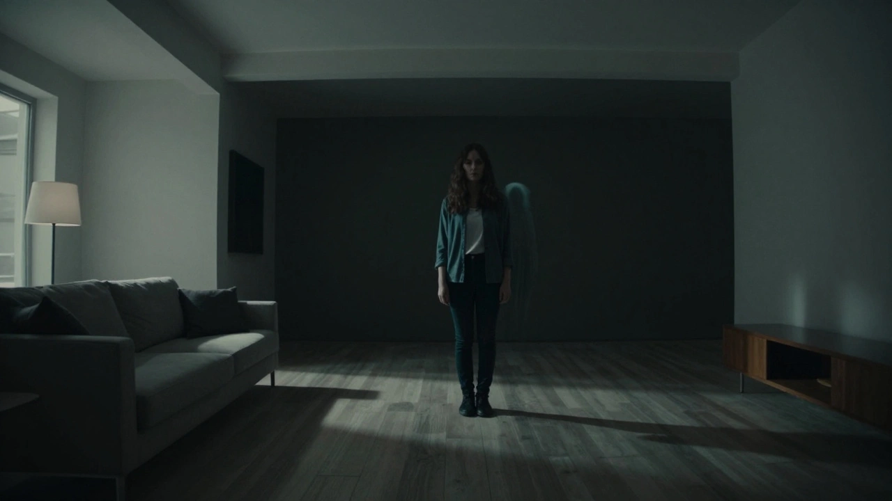 A tense, dimly lit room with distorted shadows and a ghostly silhouette.