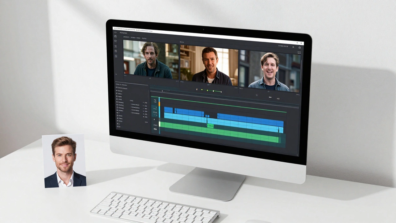 A video editing timeline showing a curated actor's showreel with diverse acting clips