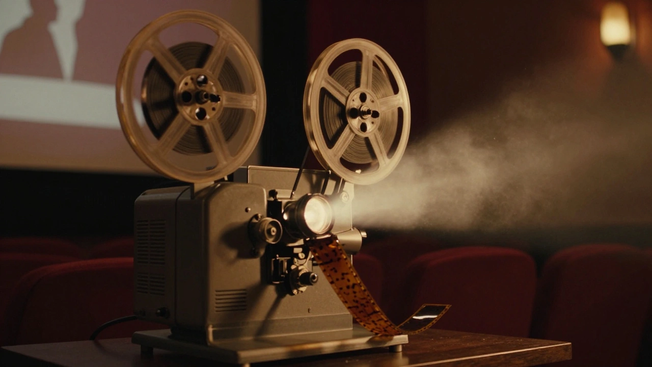 A vintage 35mm film projector casting a warm beam of light in a projection booth