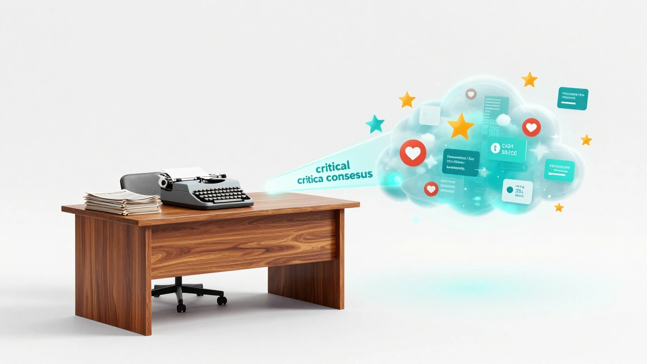 A vintage typewriter and newspaper contrasting with a holographic cloud of digital movie ratings.