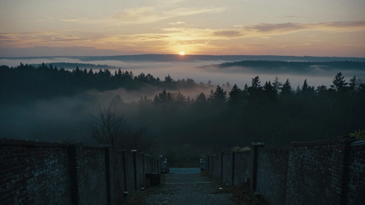 A wide landscape transitioning from a dark narrow alley to a bright, open golden horizon.