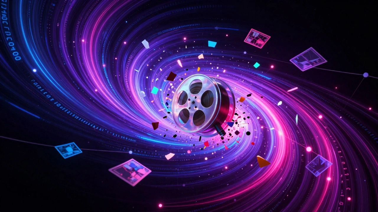 Abstract digital illustration of a movie reel exploding into a viral data vortex of neon colors.