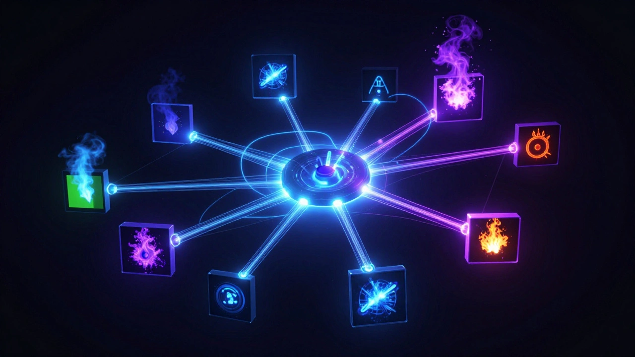 Abstract glowing node network representing a visual effects compositing pipeline.