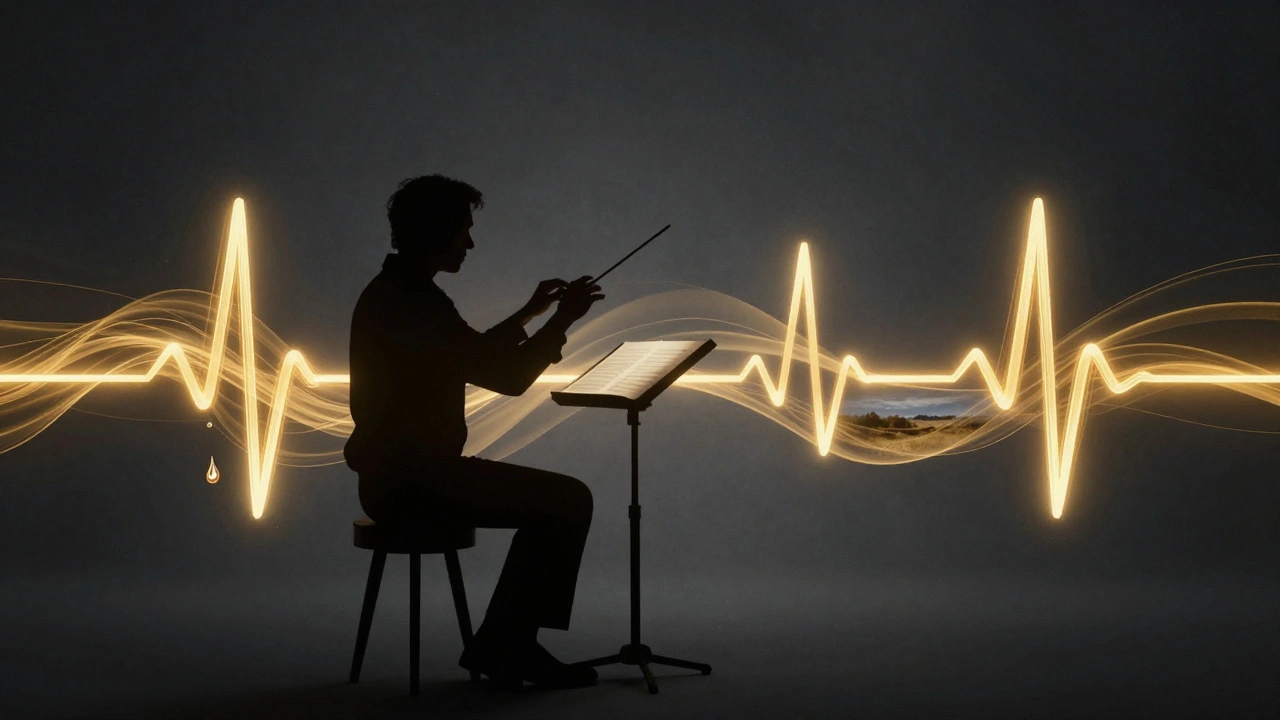 Abstract golden sound waves transforming into emotional cinematic scenes