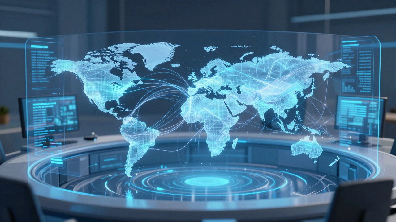 Abstract holographic data streams in a futuristic marketing analytics command center room.