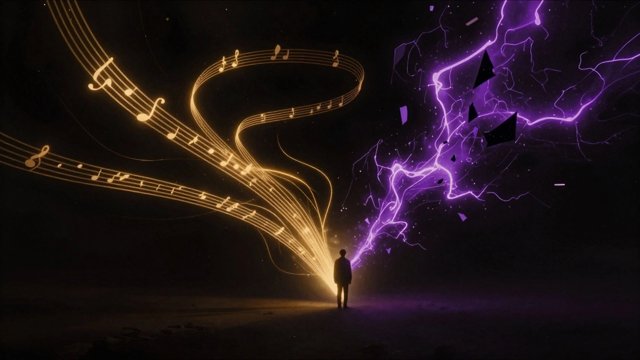 Abstract representation of musical dissonance and harmony with glowing ribbons in a dark void.