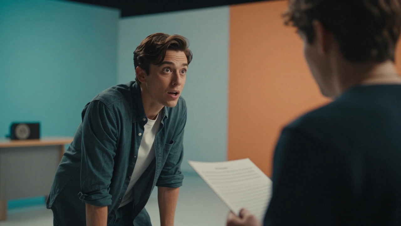 Actor and reader interacting in a film studio, focusing on active listening and chemistry.