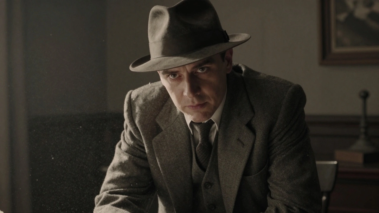 Actor in 1940s noir attire, demonstrating intense character immersion in a dim room.