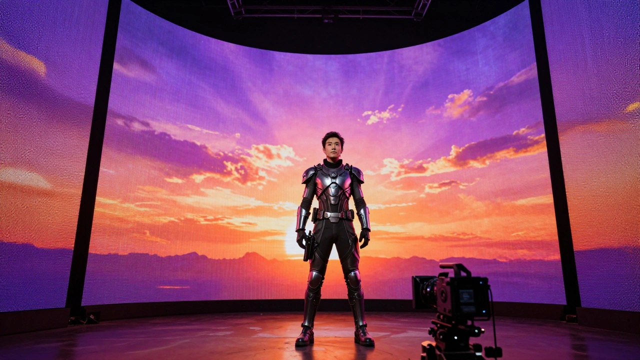 Actor in futuristic armor surrounded by a glowing alien sunset in an LED Volume stage.