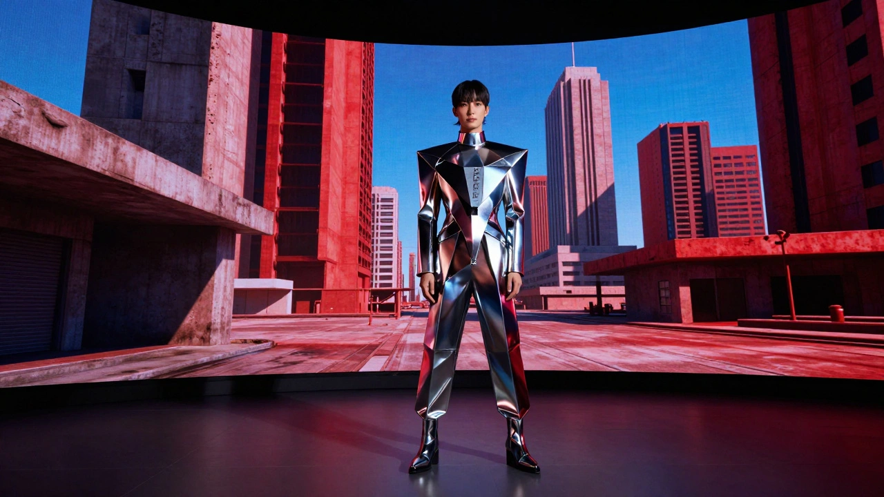 Actor in metallic clothing standing before a digital brutalist city landscape