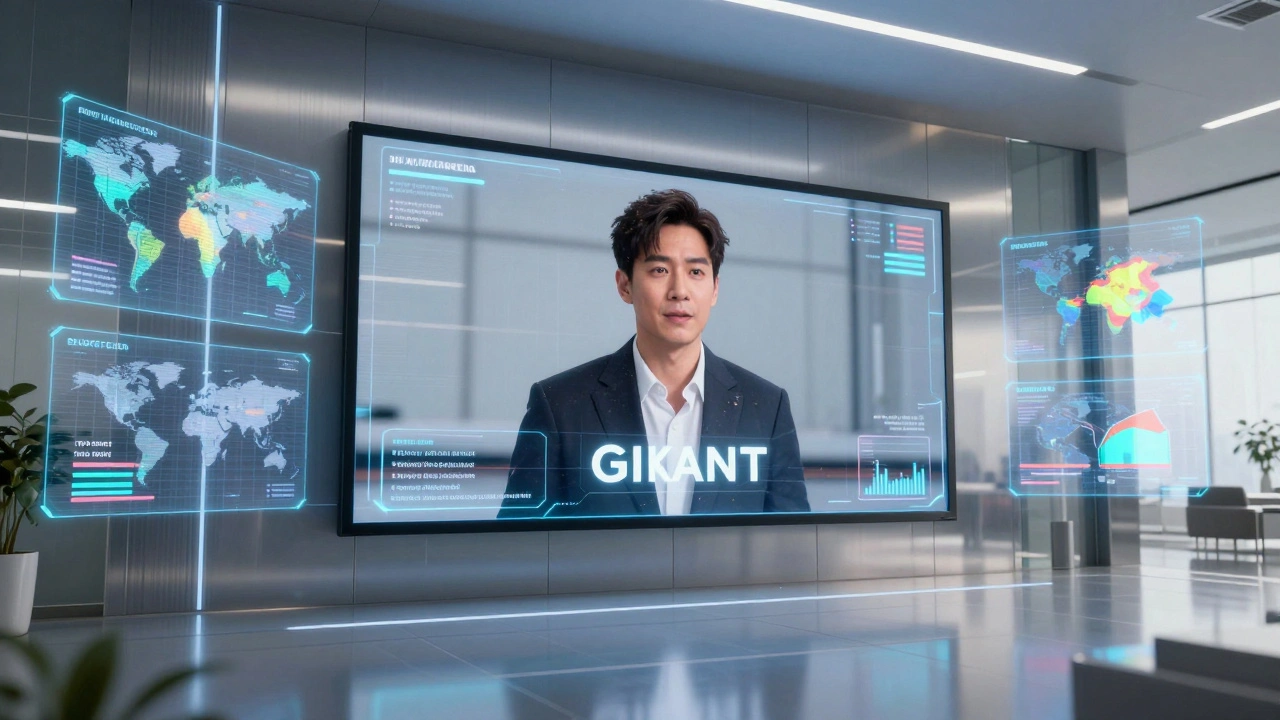 Actor recording a virtual press greeting surrounded by holographic global data displays