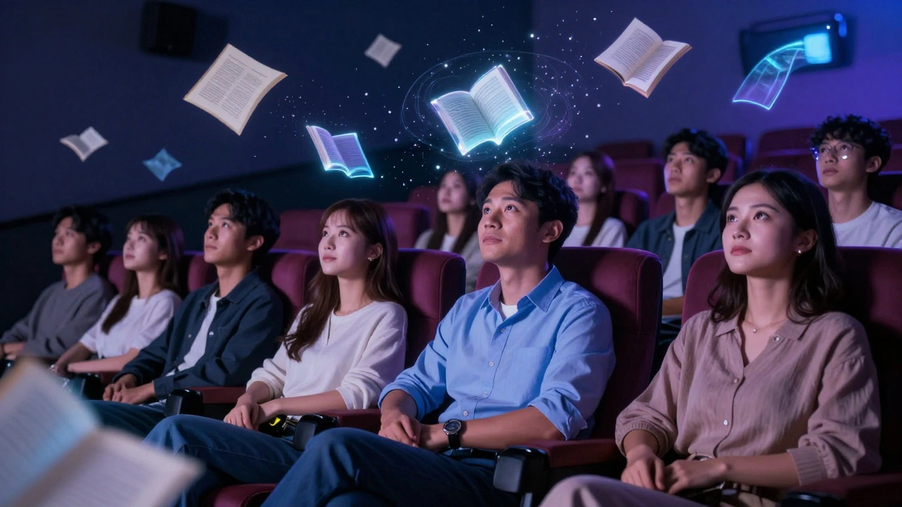 Adults in a movie theater surrounded by holographic book pages and digital sparks.