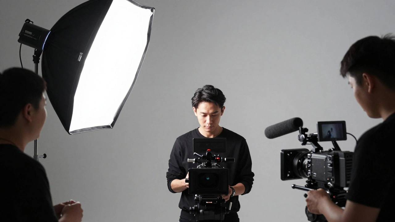 An actor filming a high-quality demo scene with a professional crew and lighting