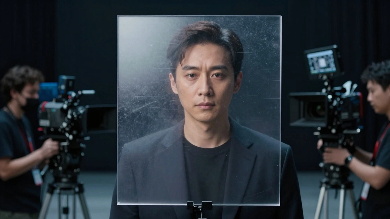 An actor on a film set with a blurred face symbolizing a secret identity.