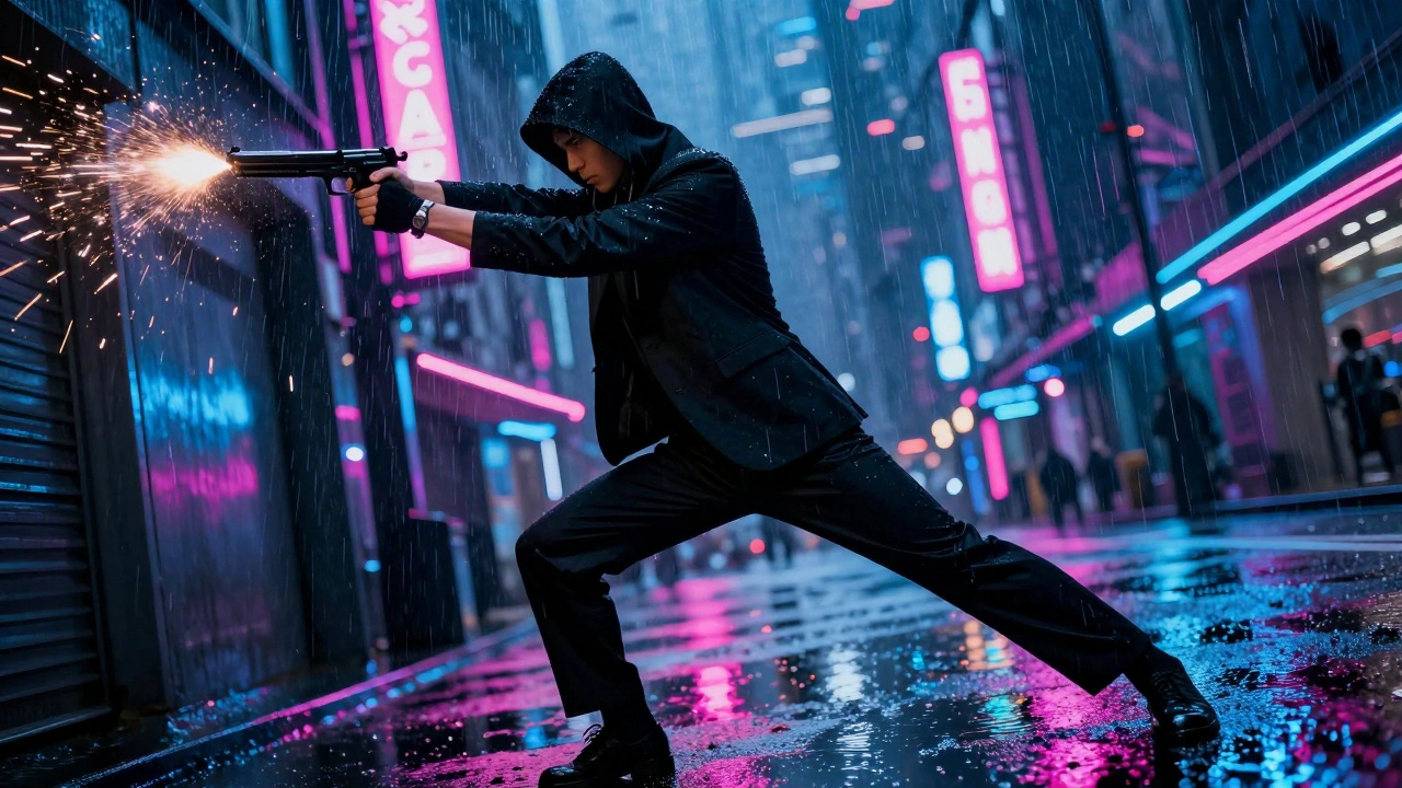 An assassin performing a stylized combat move in a neon-lit, rainy city street