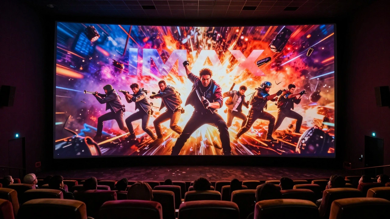 An immense IMAX cinema screen displaying a vibrant action movie to a captivated audience.