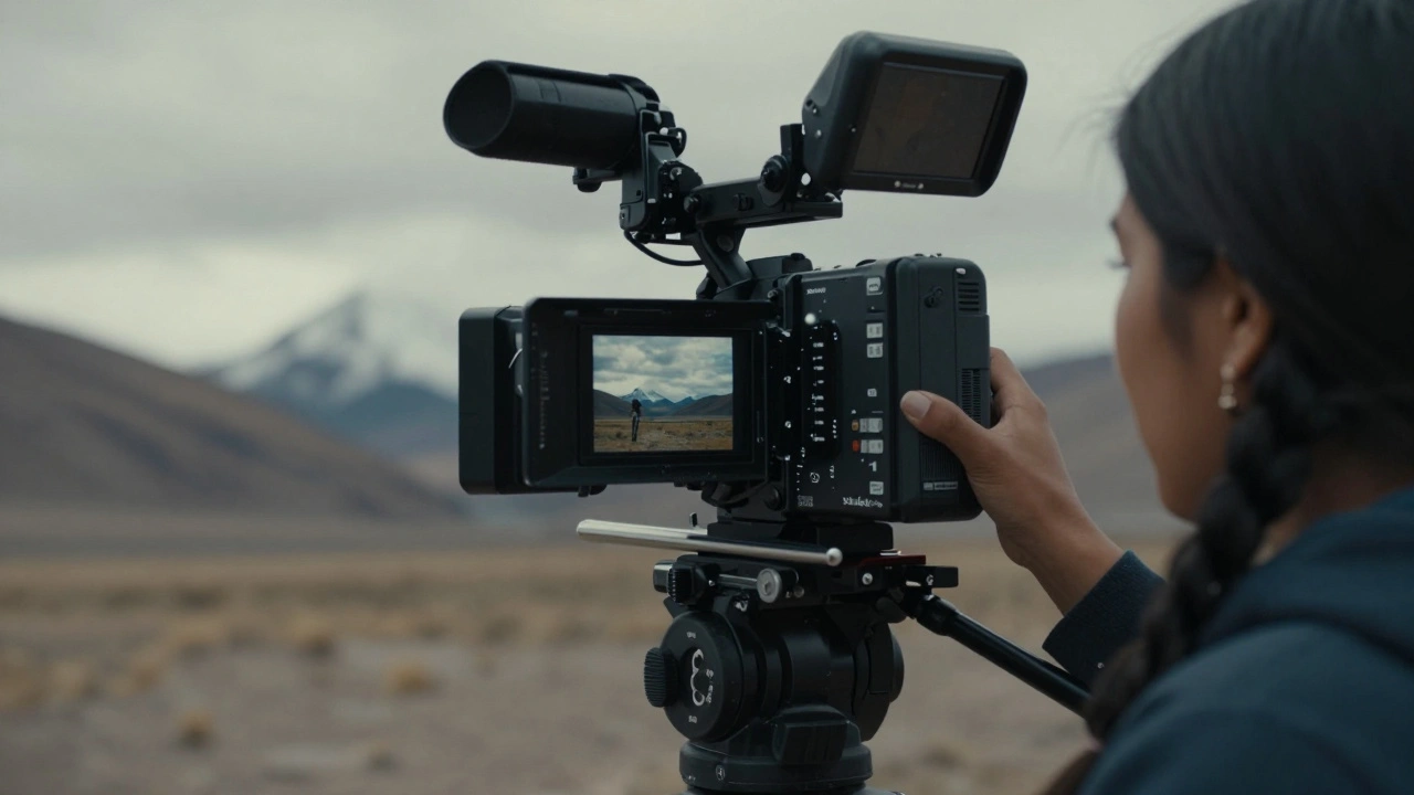 An indigenous woman director filming a minimalist Andean landscape with a professional cinema camera.