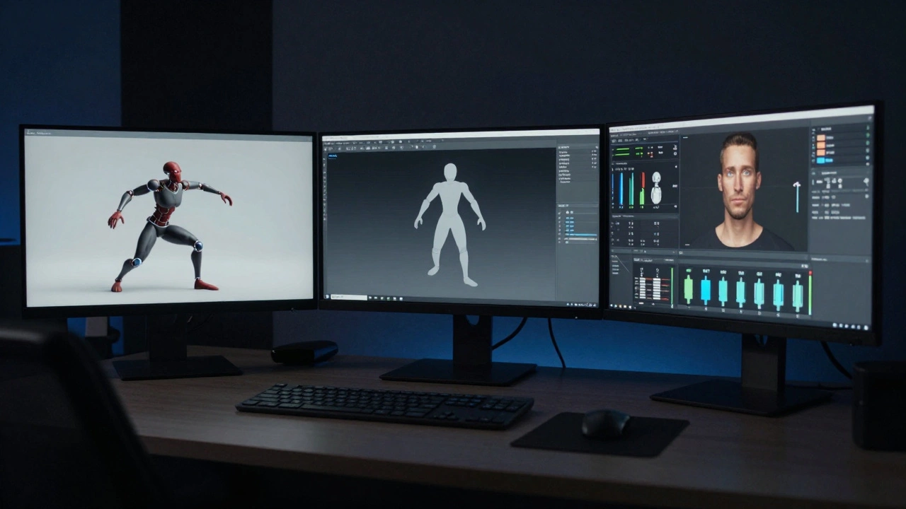 Animator workstation showing a character rig being stress tested and a simplified proxy rig.