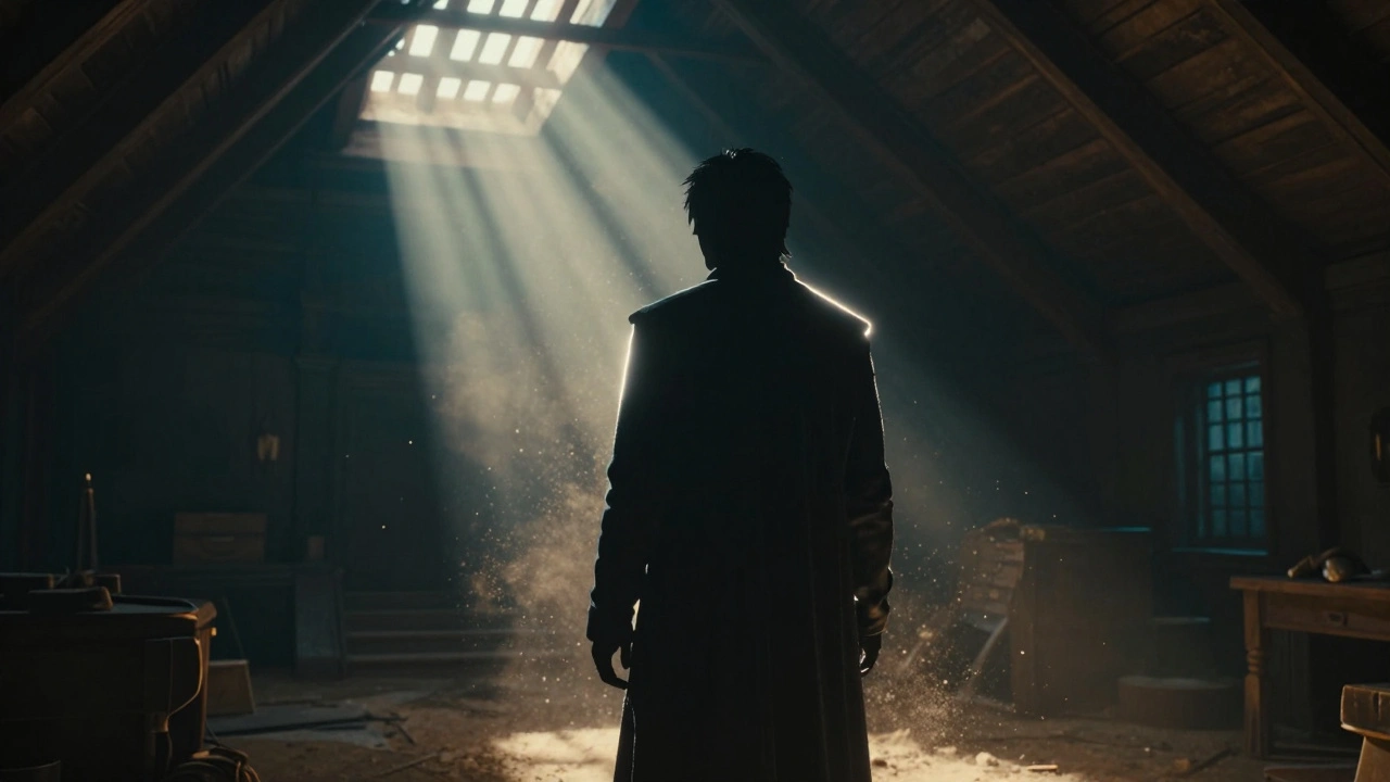 Character silhouette in a dusty attic with volumetric god rays and sharp rim lighting.