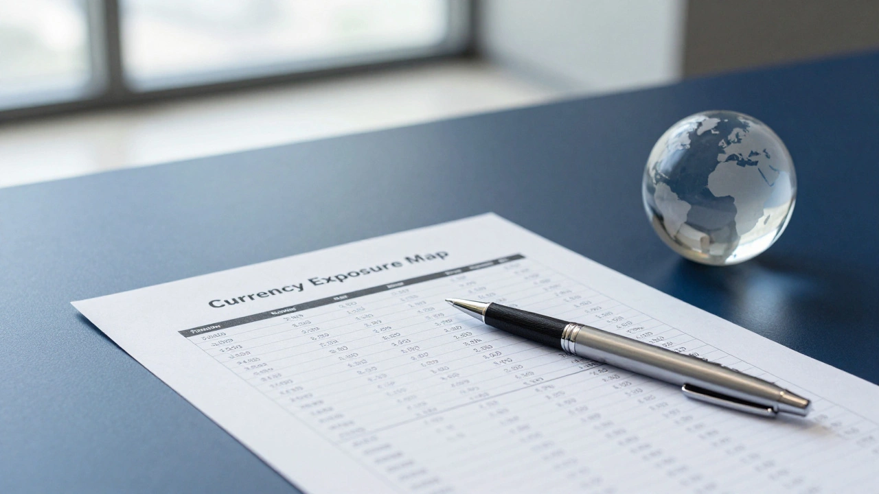 Close-up of a currency exposure map and professional financial tools on a desk.