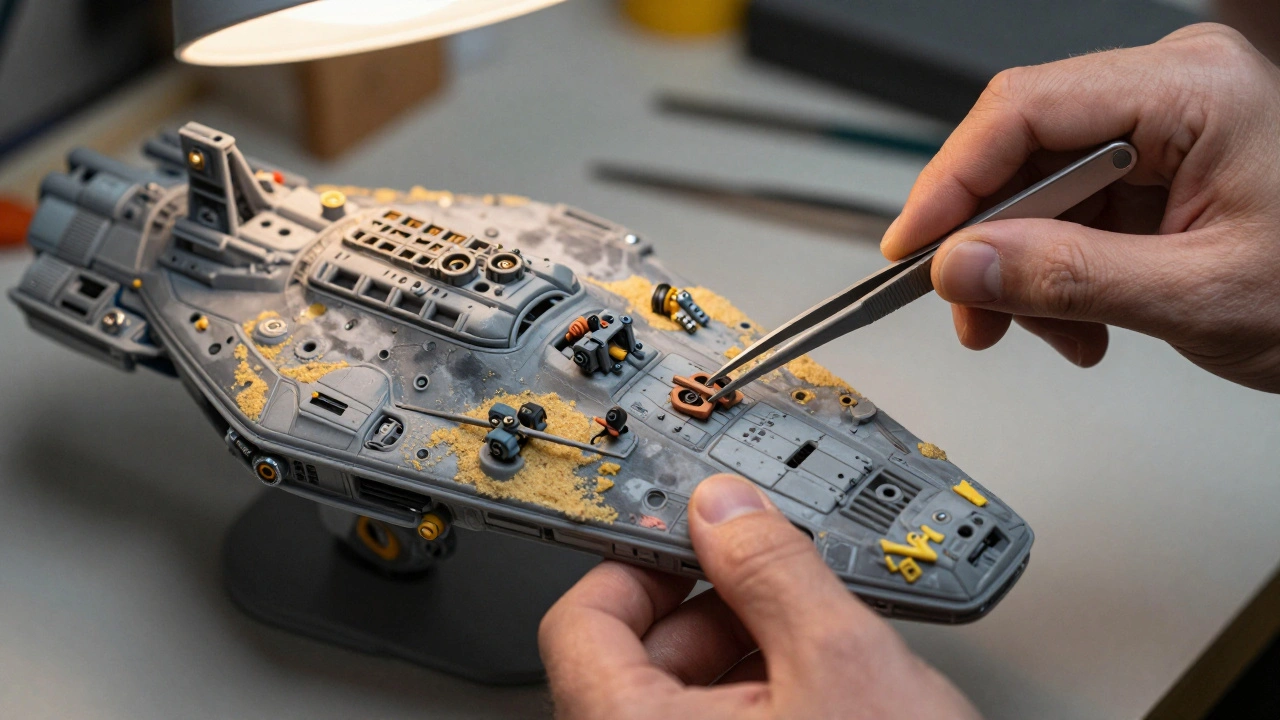 Close-up of a designer adding tiny technical details to a futuristic spaceship model via kitbashing.