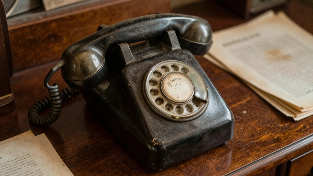 Close-up of a distressed 1940s rotary phone and mahogany desk showing realistic aging and patina.