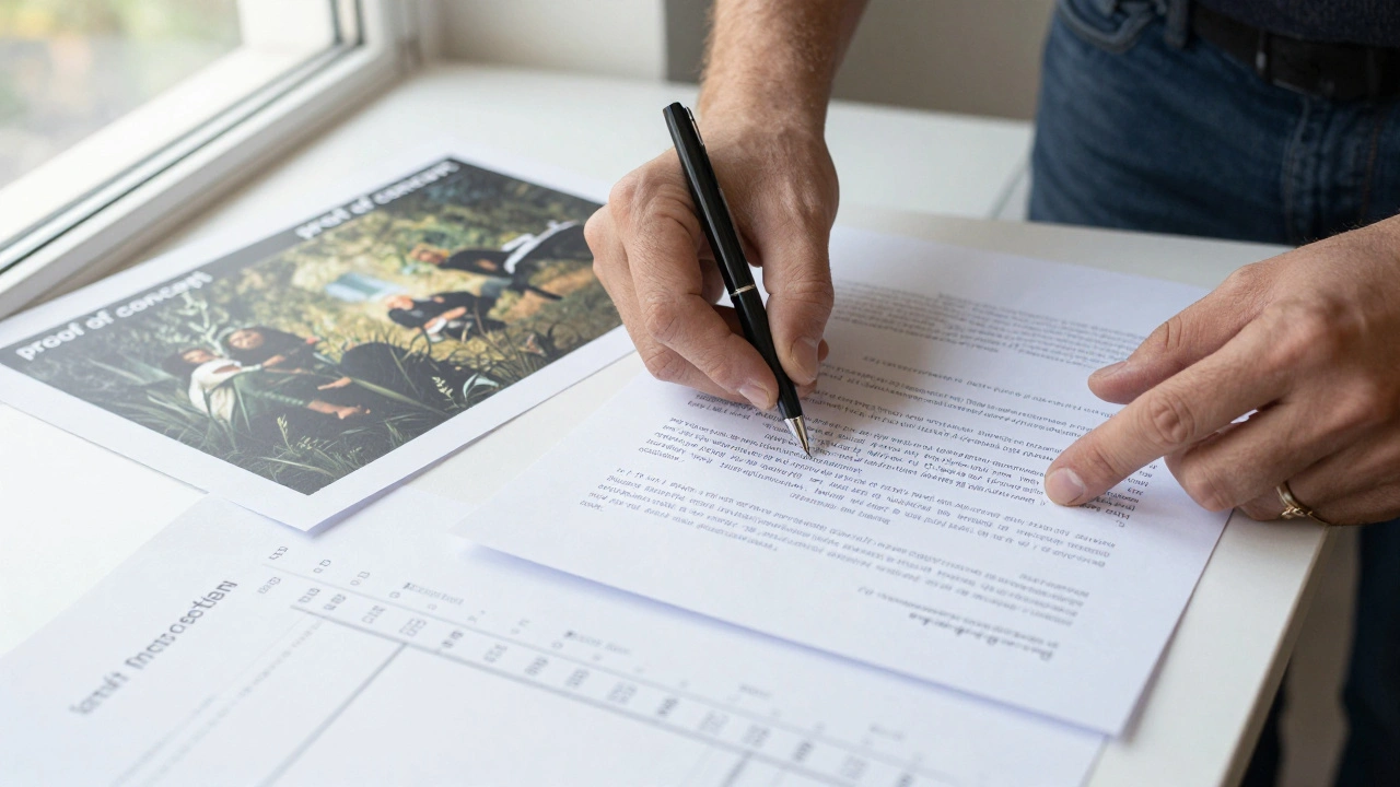 Close-up of a documentary application portfolio with a film still and letters of support.