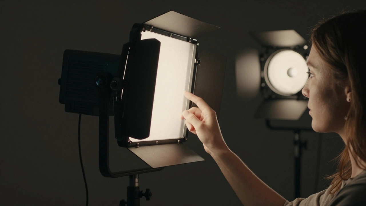 Close-up of a hand adjusting a professional studio light for a three-point lighting setup