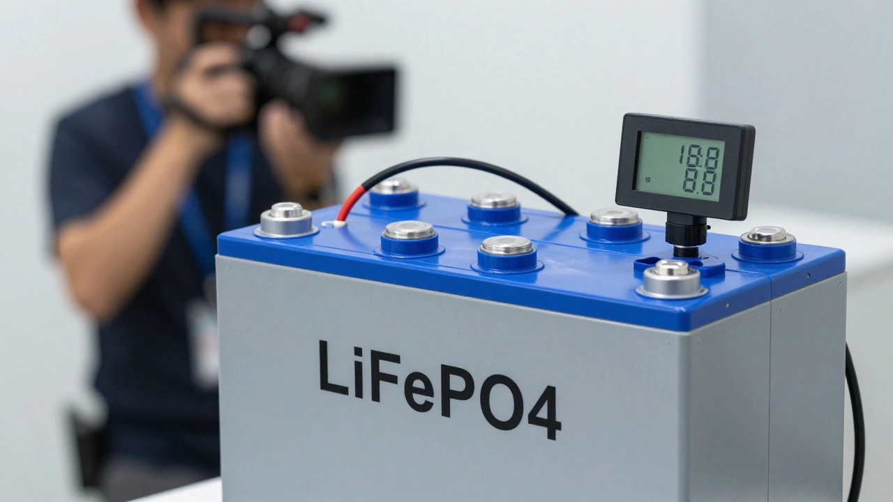 Close-up of a LiFePO4 battery system with a digital voltage display on a quiet film set.